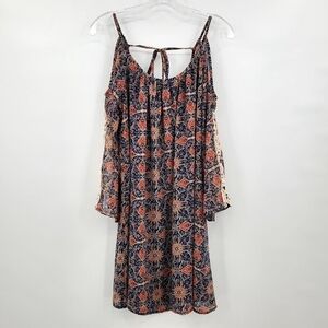 Umgee Cold Shoulder Lace Detail Sleeve Printed Mini Boho Dress